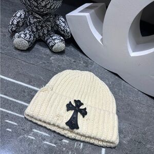 Chrome Hearts Cream Knit Beanie with Black Cross